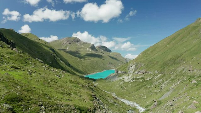 Moiry lake aerial view in Swiss alps