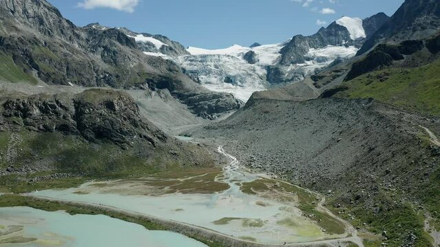 Moiry glacier in Swiss alps aerial view