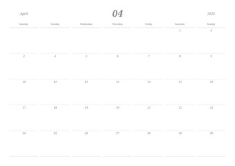 April 2023 simple design digital and printable calendar template illustration. Notes, scheduler, diary, calendar, memo, planner document template background. 