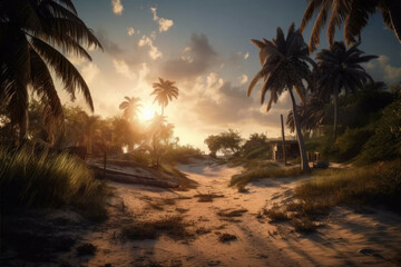 Obraz na płótnie Canvas a deserted beach with palm trees and a beautiful sunset - Generative AI