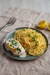 Homemade Creamy Lemon Chicken in a Pan, side view.
