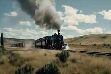 Fototapeta na wymiar a steam engine train traveling through a rural landscape - Generative AI