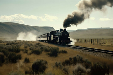 Fototapeta na wymiar a steam engine train traveling through a rural landscape - Generative AI