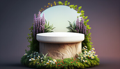 3d podium for product presentation with natural leafs and flowers background