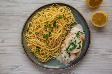 Homemade Creamy Lemon Chicken in a Pan, top view. Flat lay, overhead, from above.