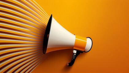 white megaphone on yellow background with copy space. - obrazy, fototapety, plakaty