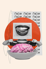 Vertical creative photo illustration collage of headless man vintage display instead of head eat...