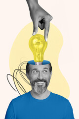 Vertical collage image of black white gamma arm fingers hold put light bulb inside positive man...