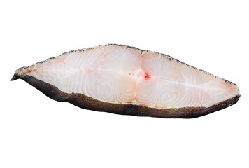 Raw fresh steak fish halibut on the stone table.  Isolated, transparent background.