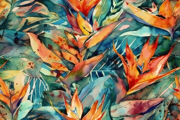 Illustration of lush tropical foliage in watercolor created with Generative AI technology