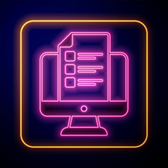 Glowing neon Online quiz, test, survey or checklist icon isolated on black background. Exam list. E-education concept. Vector