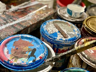 Fototapeta na wymiar Buckets of multicolored paint 