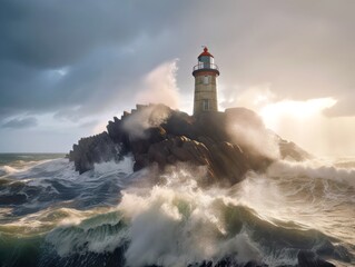 Fototapeta na wymiar Light tower in stormy seas, created with generative AI