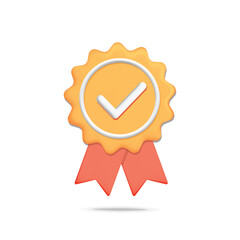 3d vector gold premium guarantee medal trophy symbol with tick check mark symbol and red ribbons icon design. Yellow certificate, high quality arrived rating emblem isolated on white background.