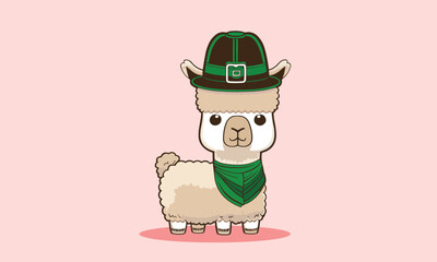 Llama cartoon alpaca wearing a Green hat for t-shirt Children style