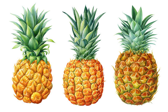 Exotic flower ripe fruit. Pineapple, watercolor botanical painting. Summer illustration