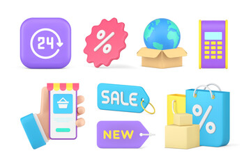 Internet shopping global delivery service goods choose smartphone application set 3d icon vector