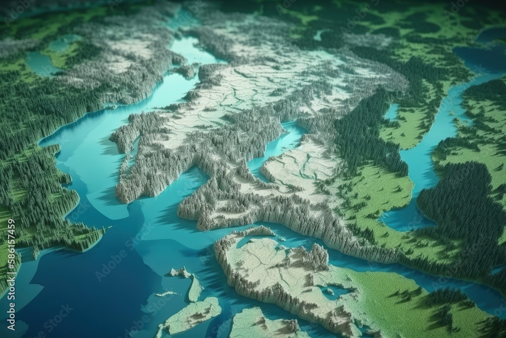 Poster serene lake surrounded by lush trees and foliage from an aerial viewpoint created with generative ai