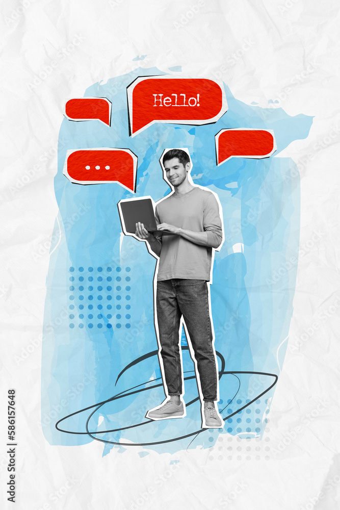 Poster Vertical collage image of black white effect positive guy use netbook chatting hello dialogue bubble isolated on painted background