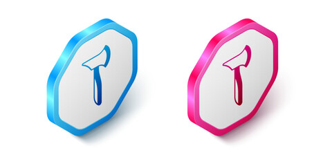 Isometric Wooden axe icon isolated on white background. Lumberjack axe. Hexagon button. Vector