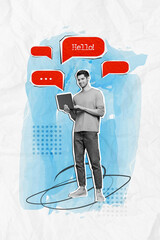 Vertical collage image of black white effect positive guy use netbook chatting hello dialogue...