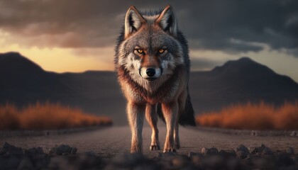 Lonely Wolf in a Dusty Landscape Generated by AI