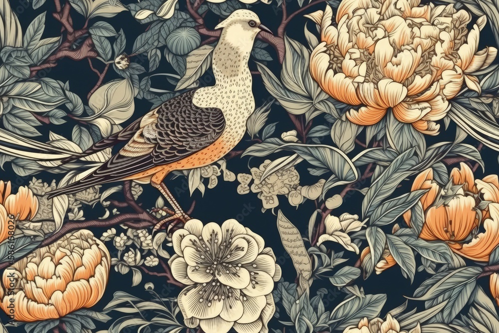 Poster bird perched on a flowering tree created with generative ai technology