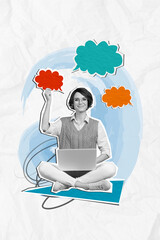 Vertical artwork collage picture of positive black white colors girl use netbook hold empty space...