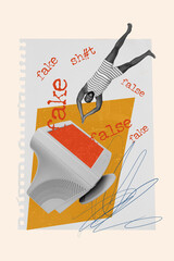 Collage concept picture of young zombie hypnotised man falling swim inside fake propaganda mass...