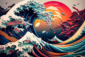 Japan style sea wave at the sunset background. Generative AI.