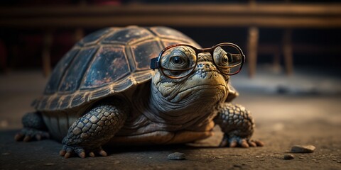Turtle with glasses. Very old turtle with bad eyesight wearing glasses. Generative AI