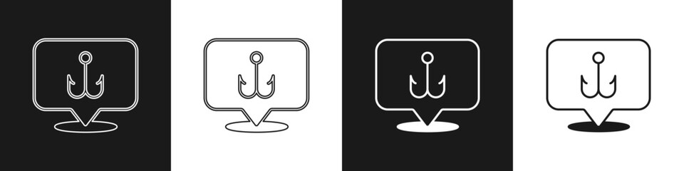 Set Fishing hook icon isolated on black and white background. Fishing tackle. Vector