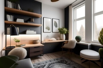 Rendering of Designing a Stylish Home Office with a Wooden Desk. Generative AI. 