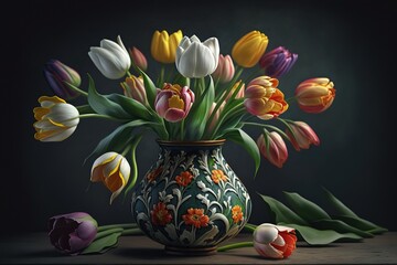Colorful tulip flowers in a flower vase. Bouquet of tulips isolated on dark background. Spring flowers, Women's Day, Mother's Day. Generative AI
