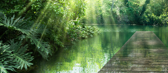 empty wooden jetty at idyllic rainforest lake with product presentation space, beauty in nature...