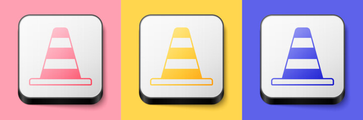 Isometric Traffic cone icon isolated on pink, yellow and blue background. Square button. Vector
