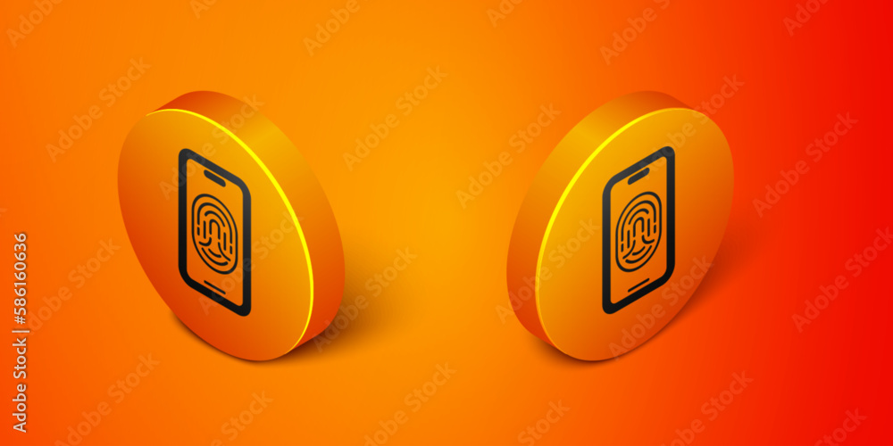 Poster isometric smartphone with fingerprint scanner icon isolated on orange background. concept of securit