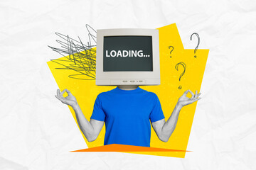 Creative photo collage of headless man monitor instead of head searching information in network om gesture isolated painted background