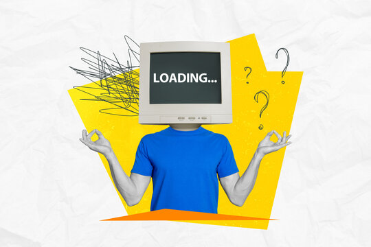 Creative photo collage of headless man monitor instead of head searching information in network om gesture isolated painted background