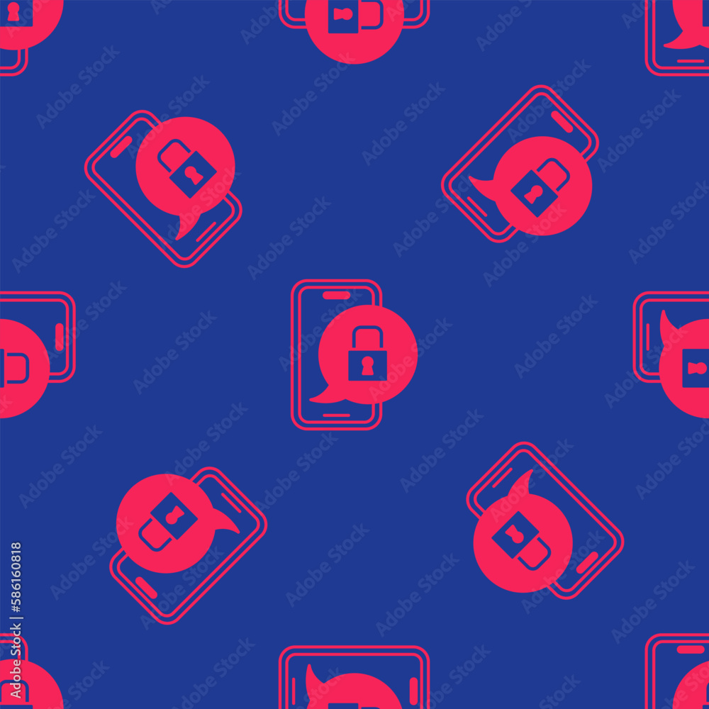 Poster red smartphone with closed padlock icon isolated seamless pattern on blue background. phone with loc