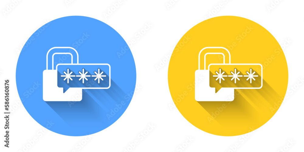 Poster white cyber security icon isolated with long shadow background. closed padlock on digital circuit bo