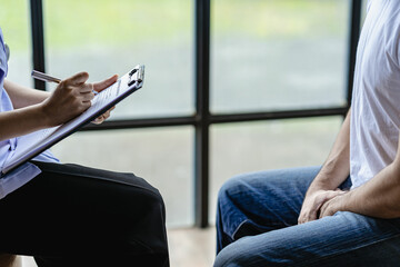 male patient sitting and consulting a doctor Prostate cancer problem Std Caucasian Man with his...