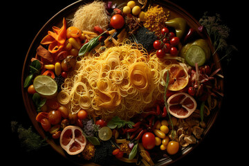 Fototapeta na wymiar A plate of freshly cooked spaghetti with a variety of different types of vegetables, herbs, and spices, arranged in a decorative pattern - Generative AI