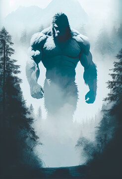 Muscular sasquatch with mountain forest fog