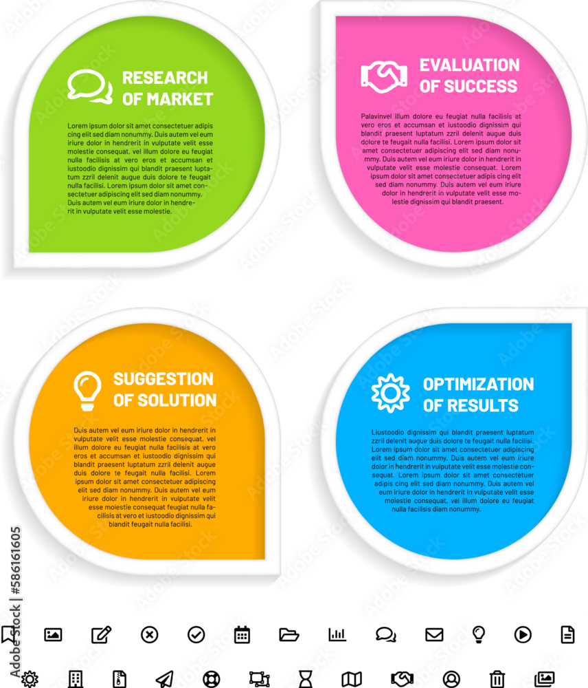 Poster infographics template with four step frames and set of icons