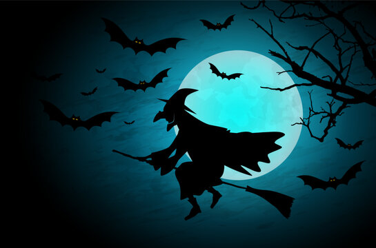 Silhouette of witch flying on broomstick, bats and moon