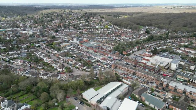 Establishing footage Loughton Essex UK town centre drone aerial