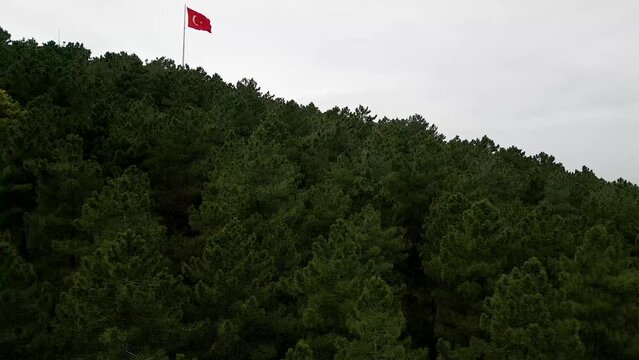 Istanbul Aydos Castle Turkish Flag aerial video footage