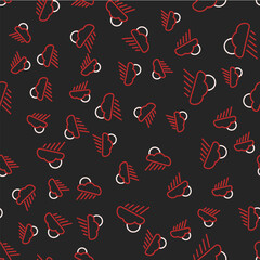 Line Cloud with rain and sun icon isolated seamless pattern on black background. Rain cloud precipitation with rain drops. Vector