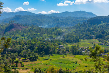 Hilly landscape of Sri Lanka dotted with villages and tea plantations near Ella